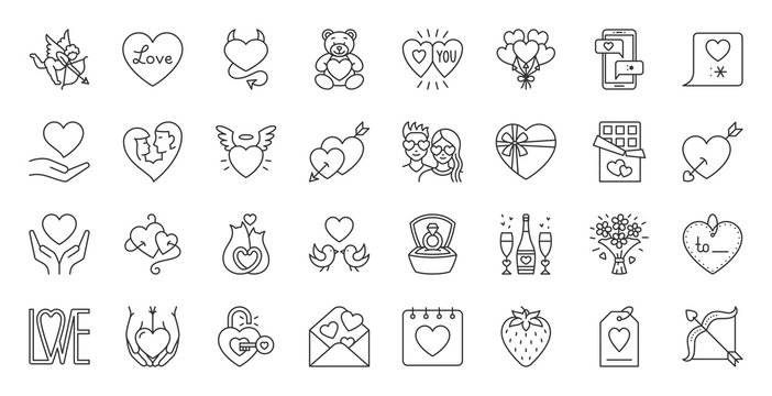 Valentines Day simple black line icons vector set