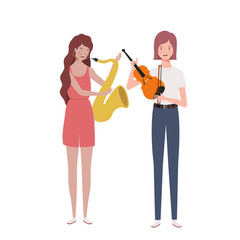 women with musicals instruments on white background