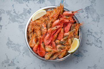 boiled shrimp on ice on grey concrete table