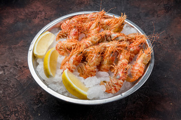 boiled shrimp on ice on dark concrete rustic table