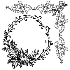 Border ornament of leaf wreath frame, in black and white colors. Vector