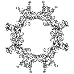 Decor art floral frame, black silhouette on white backdrop. Vector