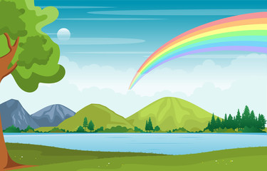 Obraz na płótnie Canvas Beautiful Rainbow Sky with Green Meadow Mountain Nature Landscape Illustration