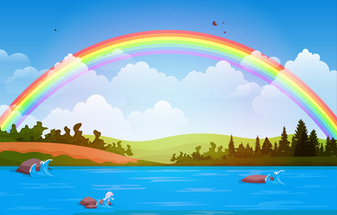 Obraz na płótnie Canvas Beautiful Rainbow Sky with Green Meadow Mountain Nature Landscape Illustration