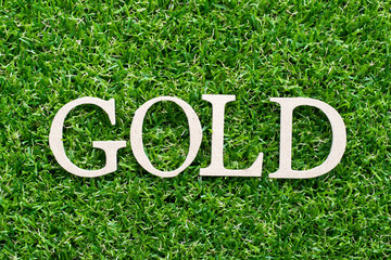 Wood alphabet in word gold on artificial green grass background