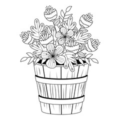 Flowers and leaves inside barrel pot vector design