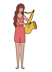 young woman with saxophone on white background