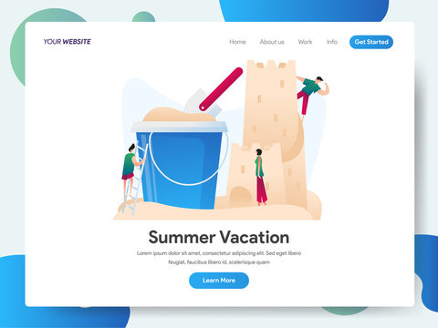 Landing page template of Summer Vacation with Sand Castle and Bucket Illustration Concept. Modern design concept of web page design for website and mobile website.Vector illustration EPS 10