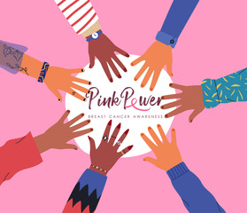 Breast cancer awareness diverse pink women hand