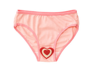 Pink panties with red border and red-white heart isolated on white background. Underwear. The view...