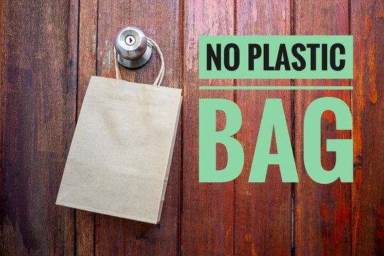 No plastic bag campaign on wood background with Empty brown paper shopping bag hanging on old wooden door background-01