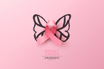 Breast Cancer awareness card pink ribbon butterfly