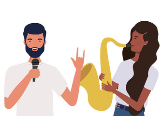 couple of people with musicals instruments on white background