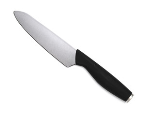 stainless steel knife with black handle on white background