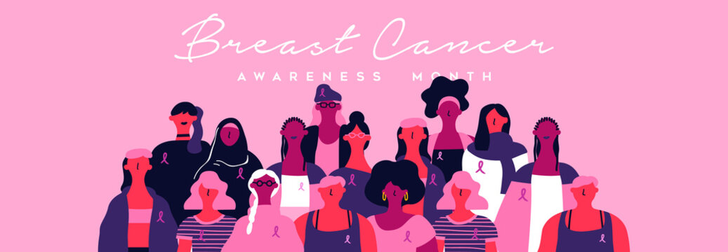 Breast cancer month banner of diverse pink women