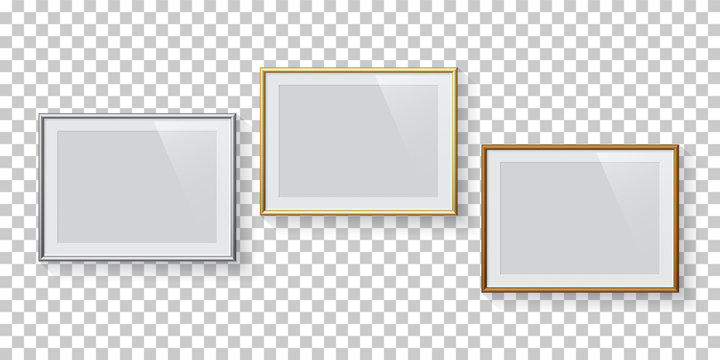 Horizontal rectangle silver, golden and bronze picture or photo frames set isolated on transparent background. Vector design elements.