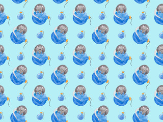 Seamless watercolor pattern with christmas rat sitting on blue ornament ball. Small blue ornaments. New year festive background. Template for fabric or wrapping paper print. Hand drawn illustration
