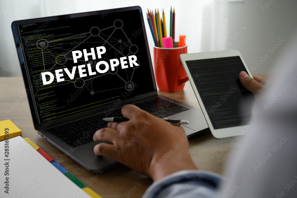 Poster php developer man touch bar search and two businessman working at office desk and using a digital to