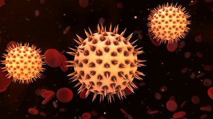 Virus cell outbreak under an electron microscope - 3D render