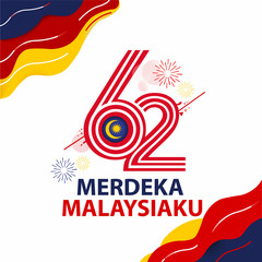 Happy malaysia independence day 62th simple logo type text, postage or postcard with flag national background vector illustration symbol