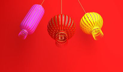 Pink, red, yellow chinese lantern lampion on red background. Design creative concept of chinese festival celebration gong xi fa cai. 3D rendering illustration.