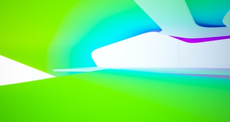 Abstract smooth architectural white interior with color gradient of a minimalist house with large windows.. 3D illustration and rendering.