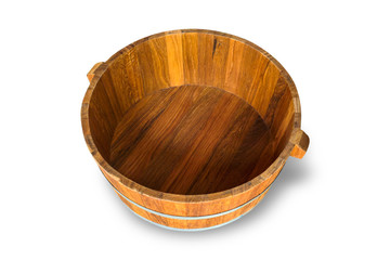 Old brown wooden bucket isolated on white background