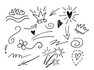 hand drawn design element set. swishes, swoops, swirl, arrow, heart, love, crown, flower, highlight text and emphasis element, black on white background, use for concept design