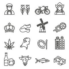 netherlands symbols and dutch culture icons set on white background. Line style stock vector. - obrazy, fototapety, plakaty