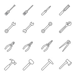 Mechanic tool, tool construction, hand tool, craft tool, DIY tool icon set with white background. Thin Line Style stock vector.