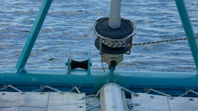 A close shot of furler on catamaran,s bow
