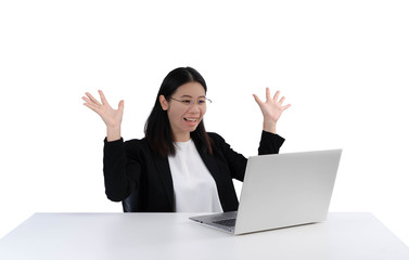 Surprise happy smiling businesswoman working at her office via laptop . isolated white background..