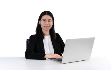 Businesswoman working at her office via laptop . isolated white background.