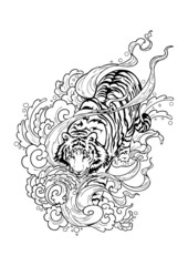 Tiger walk on cloud with windy smoke like walking on haven. doodle drawing design for Oriental Japanese or chanciness  tattoo ornamental vector  with white background