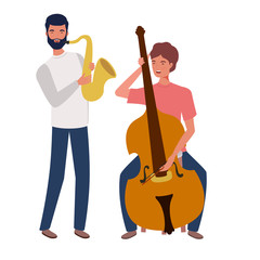 men with musicals instruments on white background