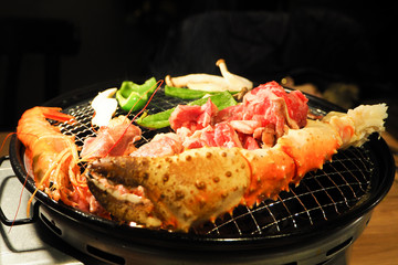 Crab and seafood on table