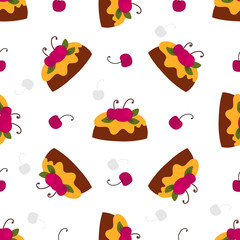 Cakes, pastries and bakery, sweet desserts vector pattern, hand drawn vector illustration. Cartoon style, design for different backgrounds. 