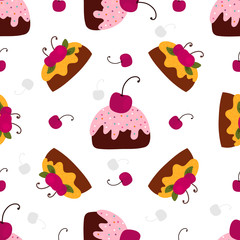 Cakes, pastries and bakery, sweet desserts vector pattern, hand drawn vector illustration. Cartoon style, design for different backgrounds. 