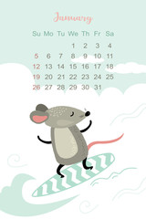 January 2020 template design. Calendar 2020 with funny and cute active rat on surfboard. Vertical layout.