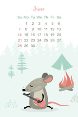 June month 2020 template design. Calendar 2020 with funny and cute rat.