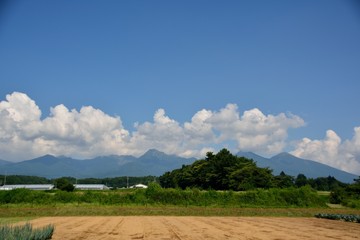 Fototapeta na wymiar 夏の山里の青空に白い雲