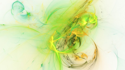 Abstract transparent gold and green crystal shapes. Fantasy light background. Digital fractal art. 3d rendering.