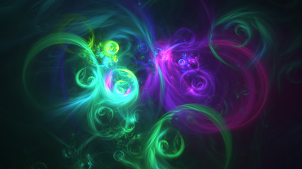 Abstract transparent purple and green crystal shapes. Fantasy light background. Digital fractal art. 3d rendering.