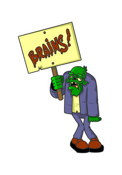 Zombie cartoon character holding sign board with text brains