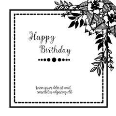 Shape of flower frame, style design silhouette, vintage card happy birthday. Vector
