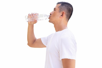 Fototapeta na wymiar Man drinking water from bottle on white background