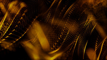 Organic moving, abstract background with gold particles and luxurious sparkling wave particle.