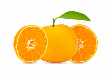 Sliced and whole orange fruit  isolated on white background