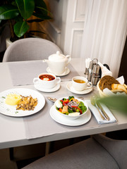 Ready-made serving in the restaurant. A table served in the restaurant. The interior of the restaurant.