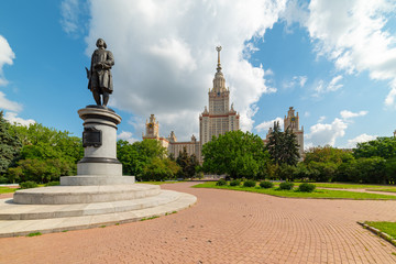 Fototapeta na wymiar City the Moscow .view of the Moscow State University named after M.V. Lomonosov.Monument to Mikhail Lomonosov.Russia.2019
